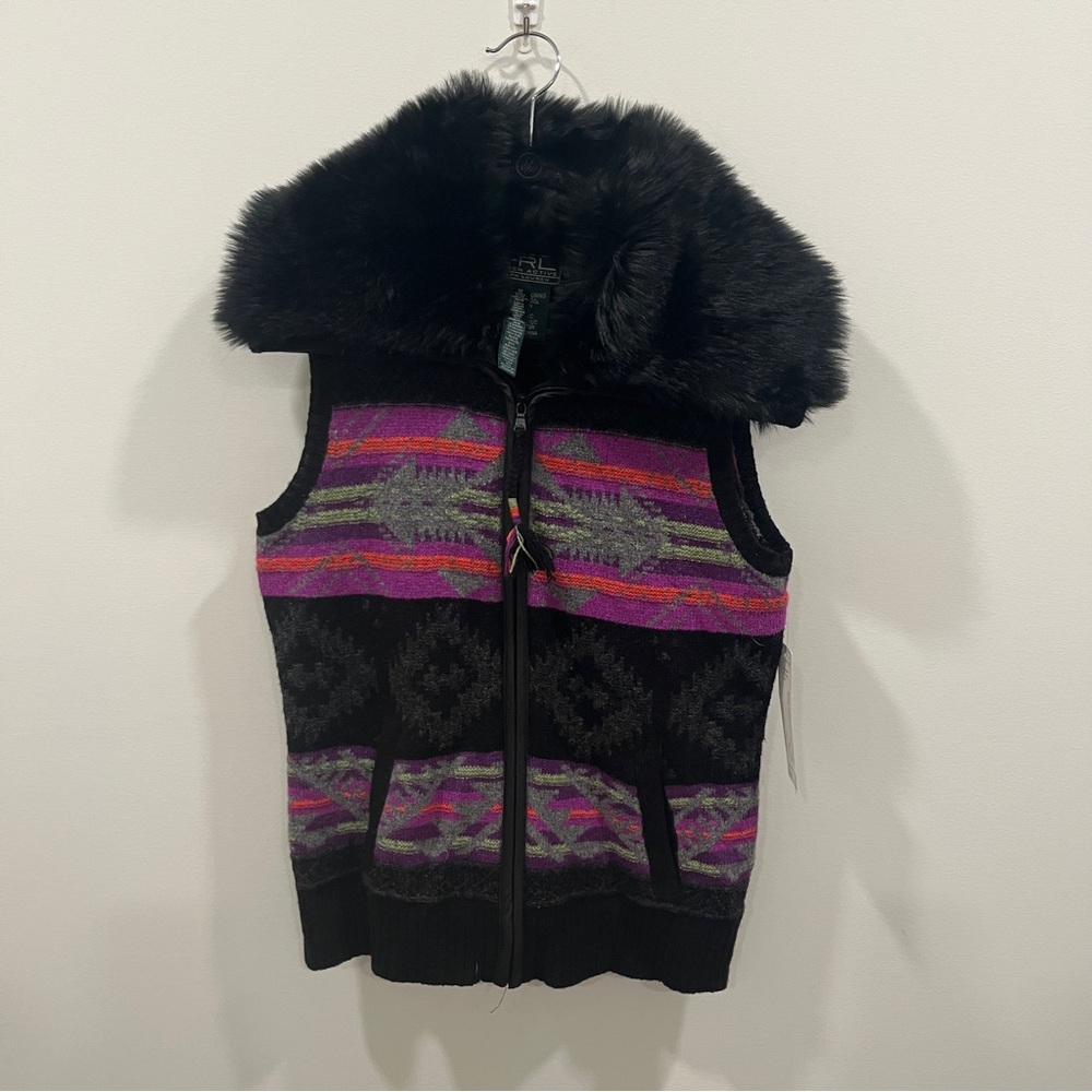 NWT Ralph Lauren Medium Southwest Fair Isle Blanket Lamb Wool Faux Fur Vest